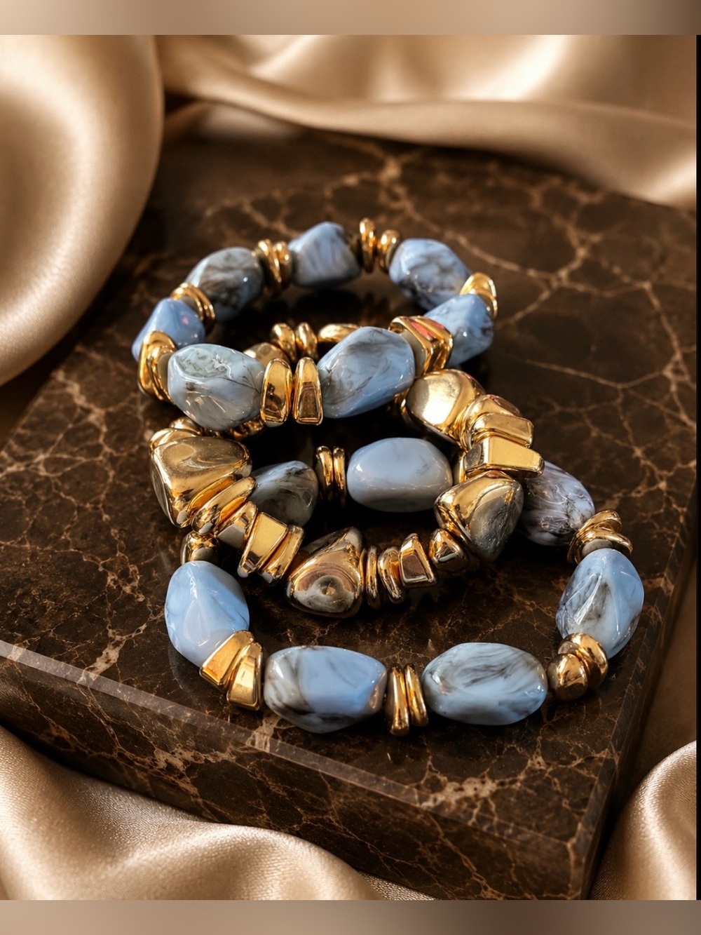 Elegant Blue Marble Resin Beaded Bracelet Set with Gold Accents